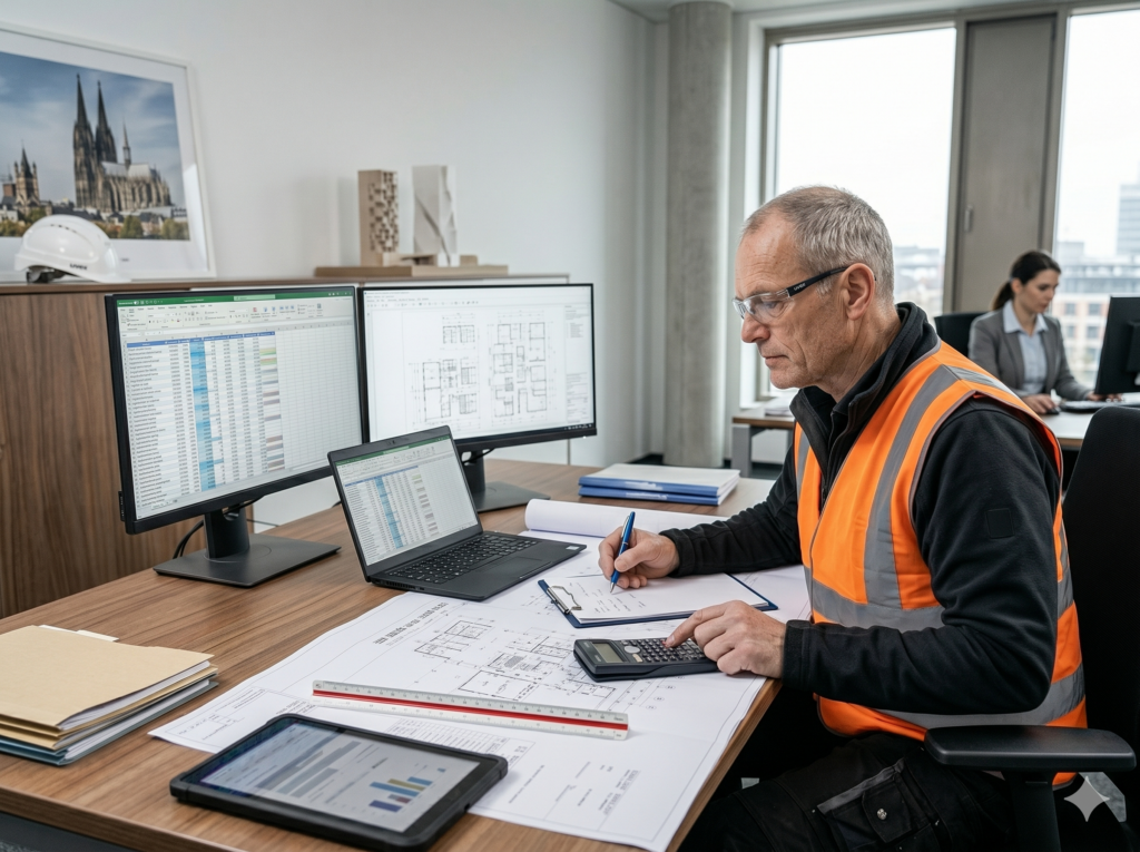 Externe Bauabrechnung für Bauunternehmen mit Plänen und Mengenermittlung im Büro