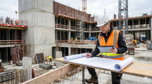 Ingenieur prüft Baupläne für Rohbauabrechnung und Hochbauabrechnung auf der Baustelle
