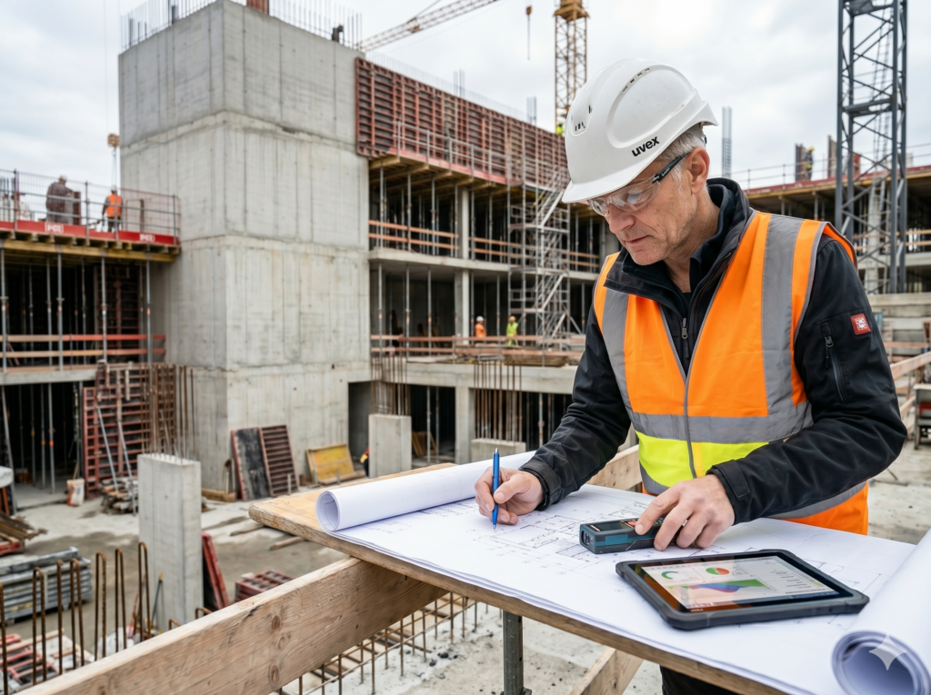 Rohbauabrechnung von Betonarbeiten, Schalung und Bewehrung auf der Baustelle